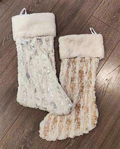Fennco Styles Holiday Brushed Foil Print Faux Fur Christmas Stocking 8 x 19 Inch - Gold Metallic Design Hanging Stocking for Home, Holiday Tree Decor, Indoor and Special Occasion