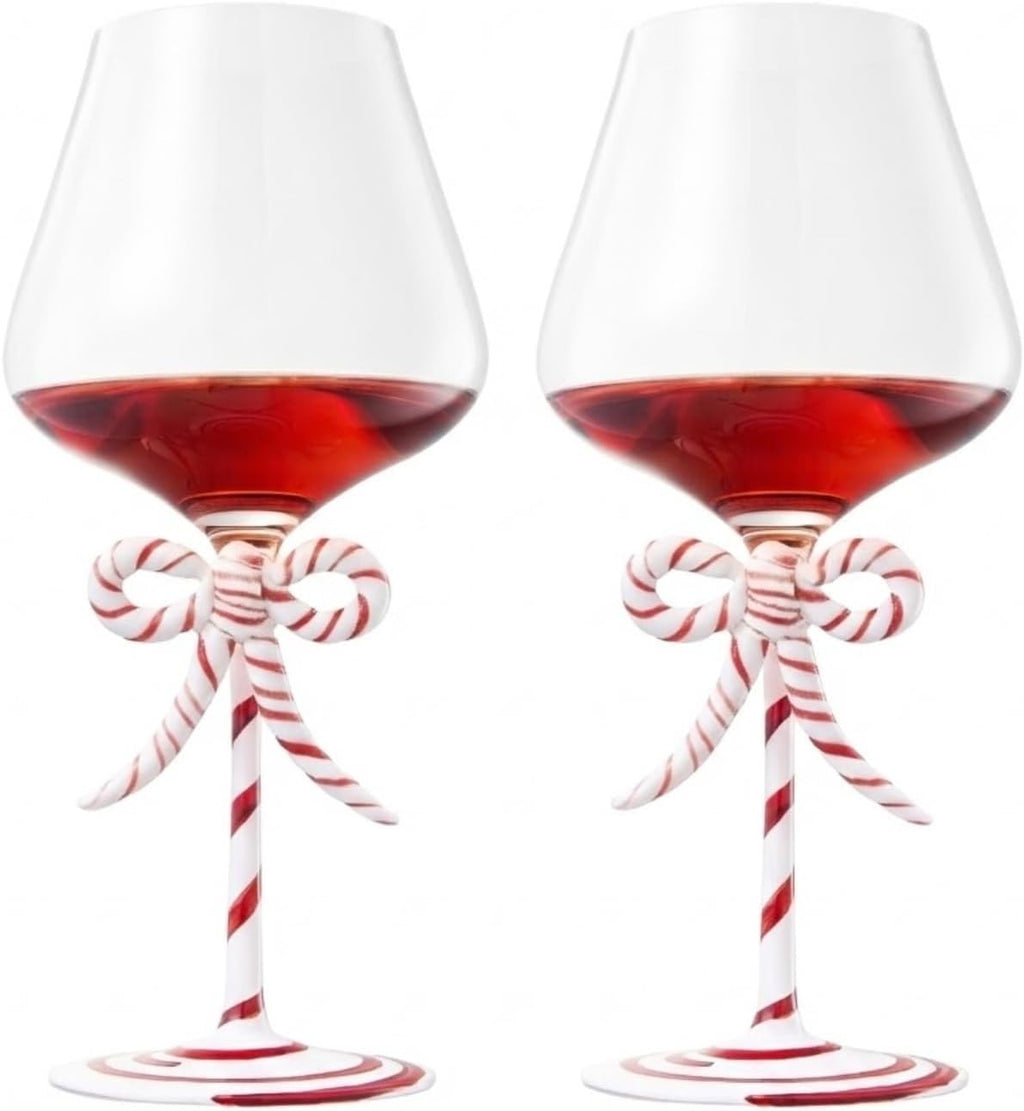 Khen Christmas Candy Cane Bow Wine Glasses - Set of 2