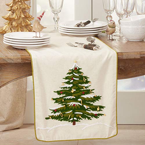 Fennco Styles Embroidered Christmas Tree Cotton Table Runner 16" W x 72" L - Natural Festive Table Cover for Home Décor, Dining Table, Banquet, Holiday, Christmas and Special Occasion