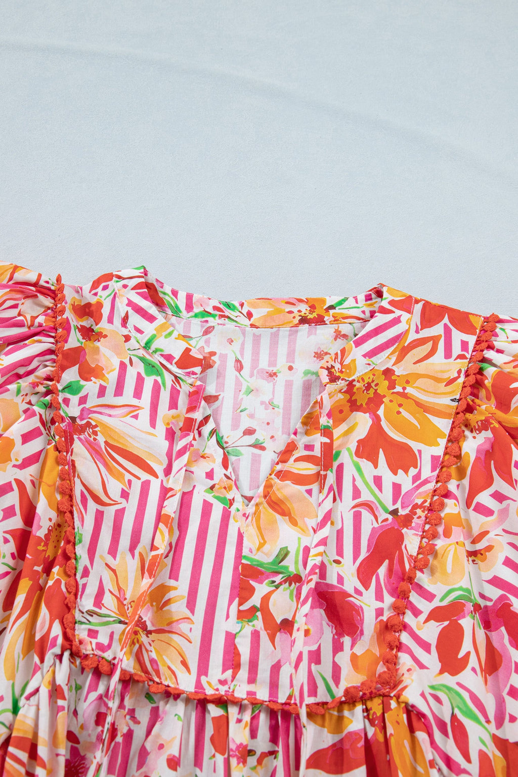 Floral Stripe Tie Neck Puff Sleeve Mini Dress