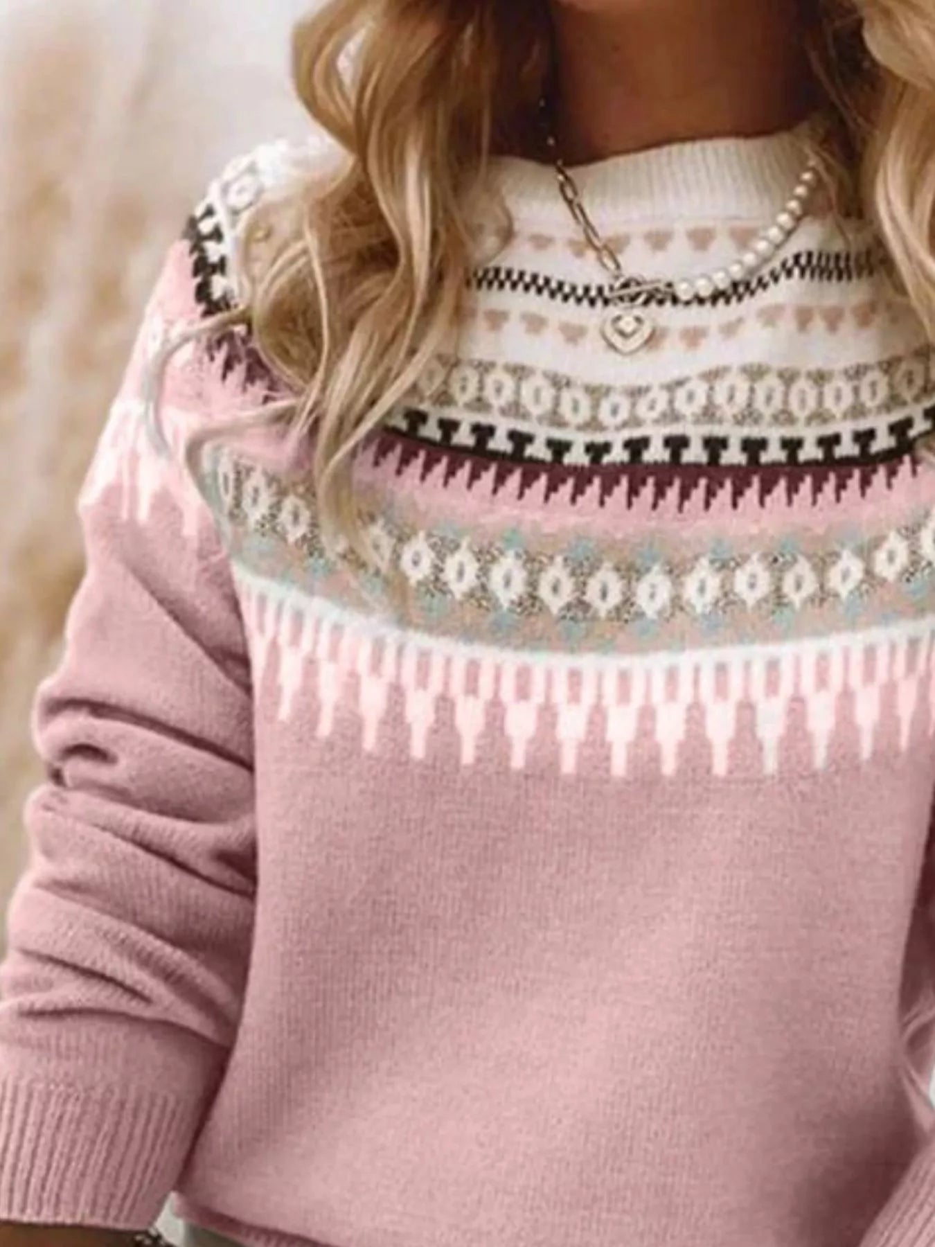 Full Size Vintage Patterned Round Neck Sweater Plus Size