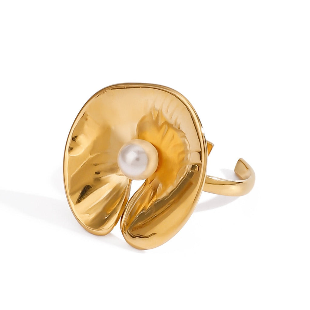 18K gold geometric inlaid pearl design classic simple ring