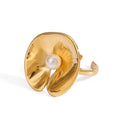 18K gold geometric inlaid pearl design classic simple ring