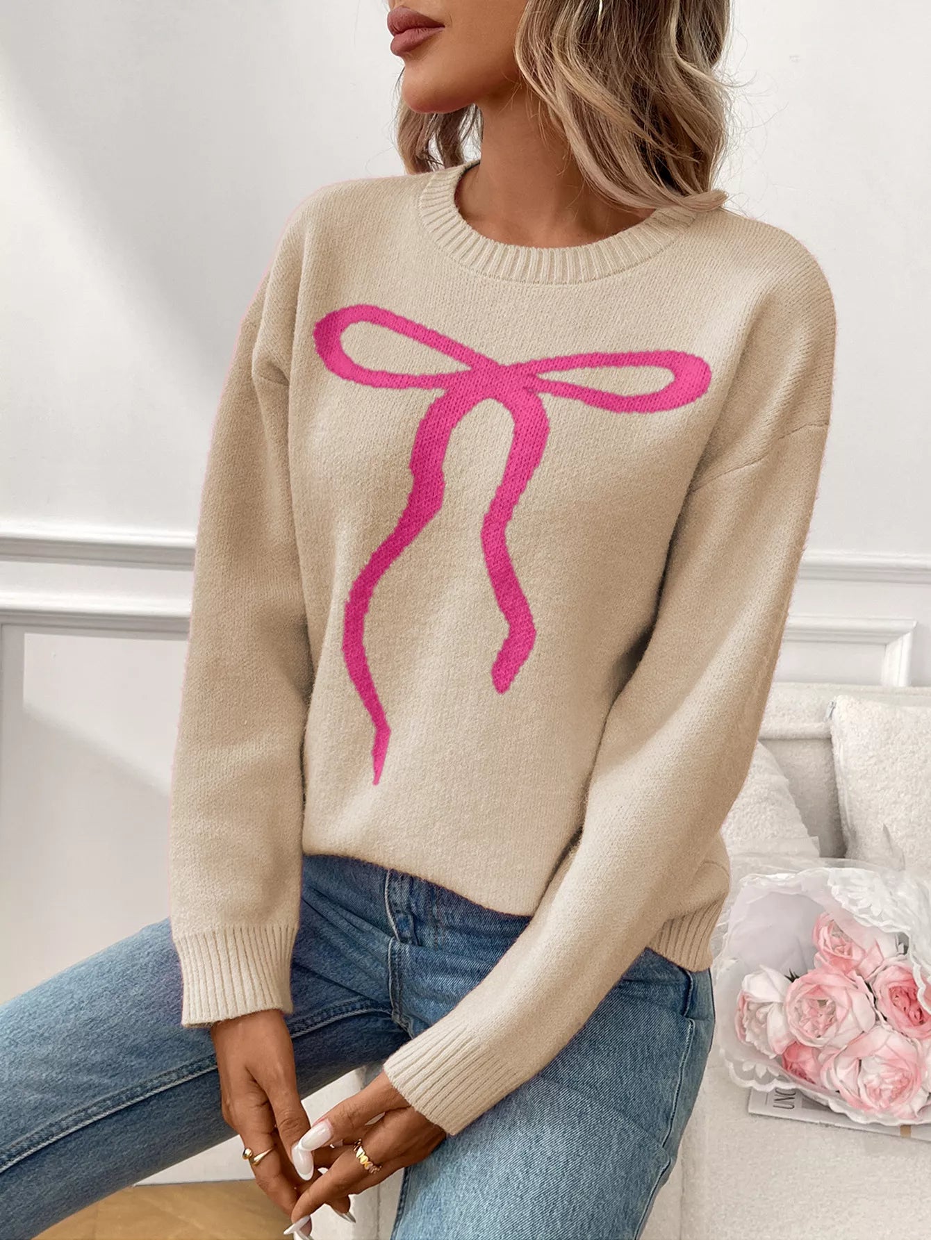 Bow Round Neck Long Sleeve Sweater