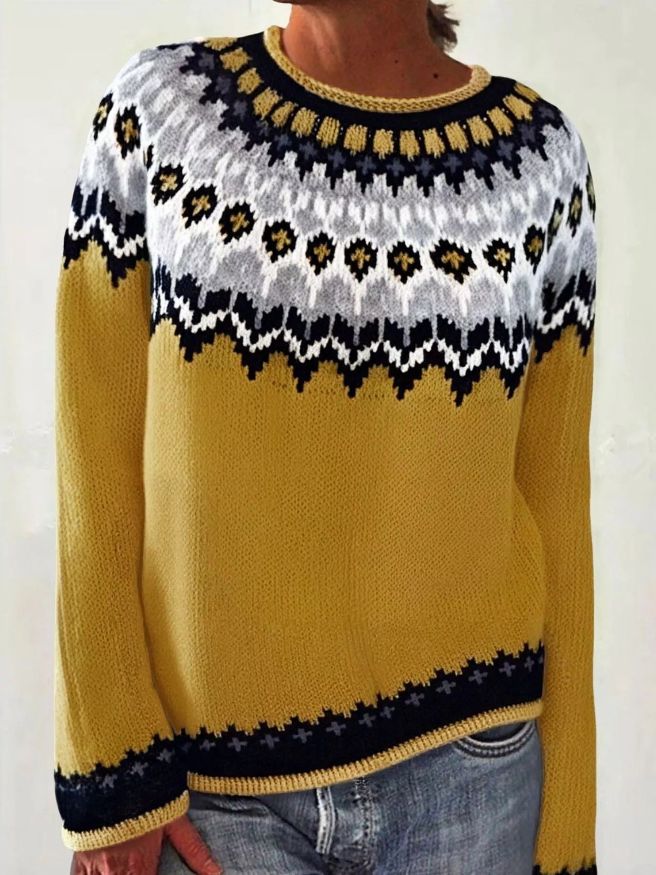Full Size Vintage Patterned Round Neck Sweater Plus Size