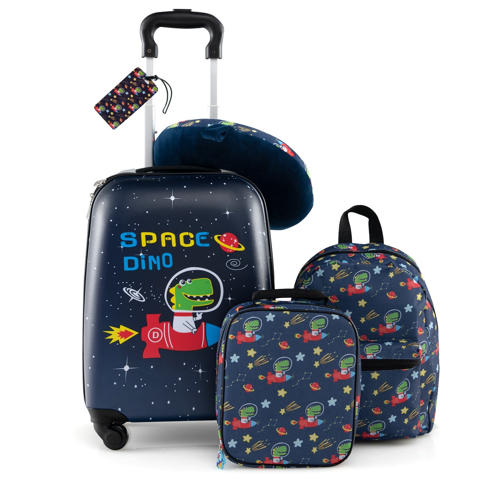 5 Piece Kids Luggage Set with Backpack Neck Pillow Name Tag Lunch Bag