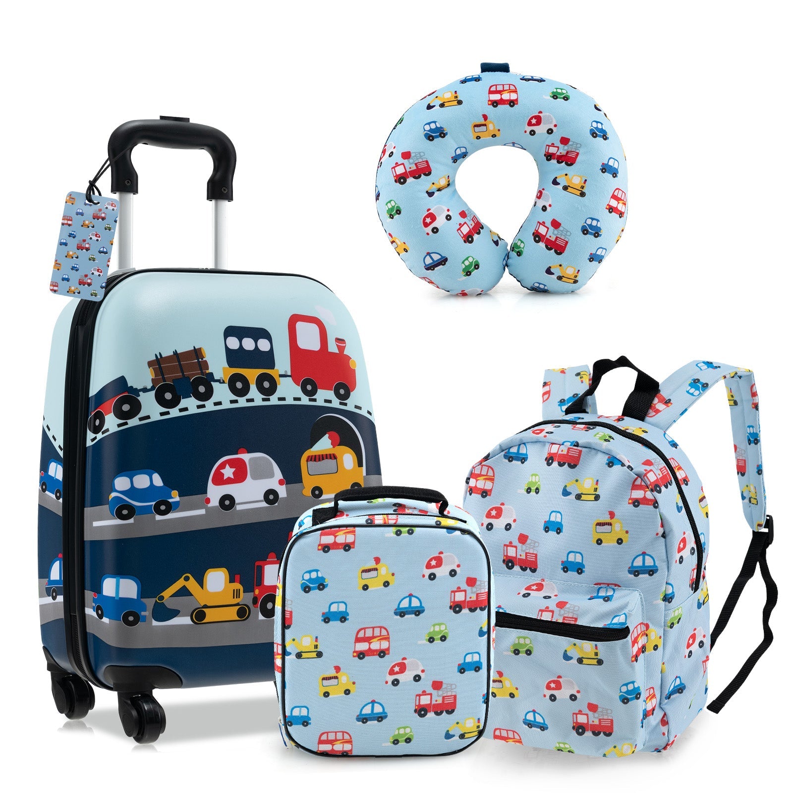 5 Piece Kids Luggage Set with Backpack Neck Pillow Name Tag Lunch Bag