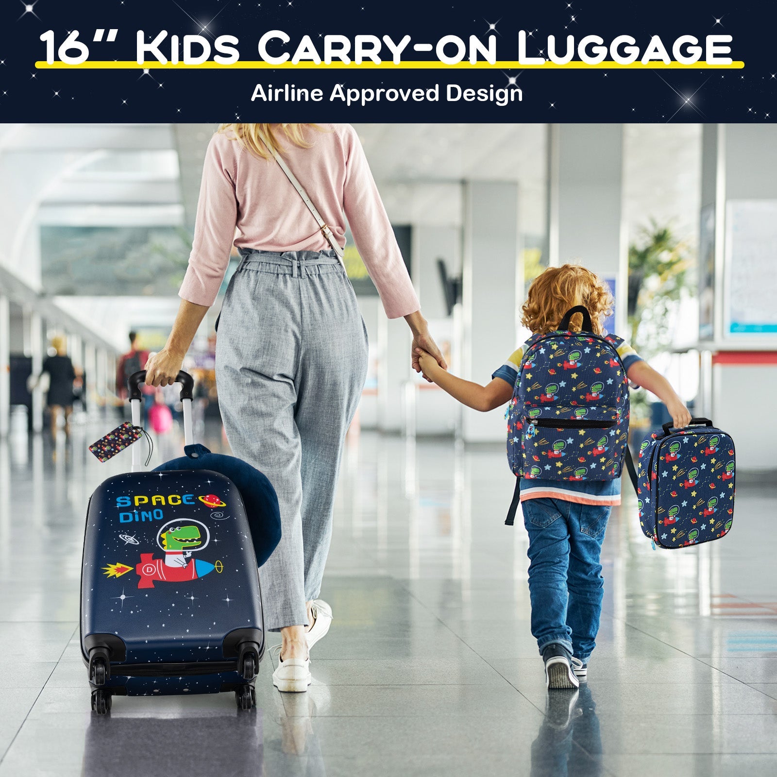 5 Piece Kids Luggage Set with Backpack Neck Pillow Name Tag Lunch Bag