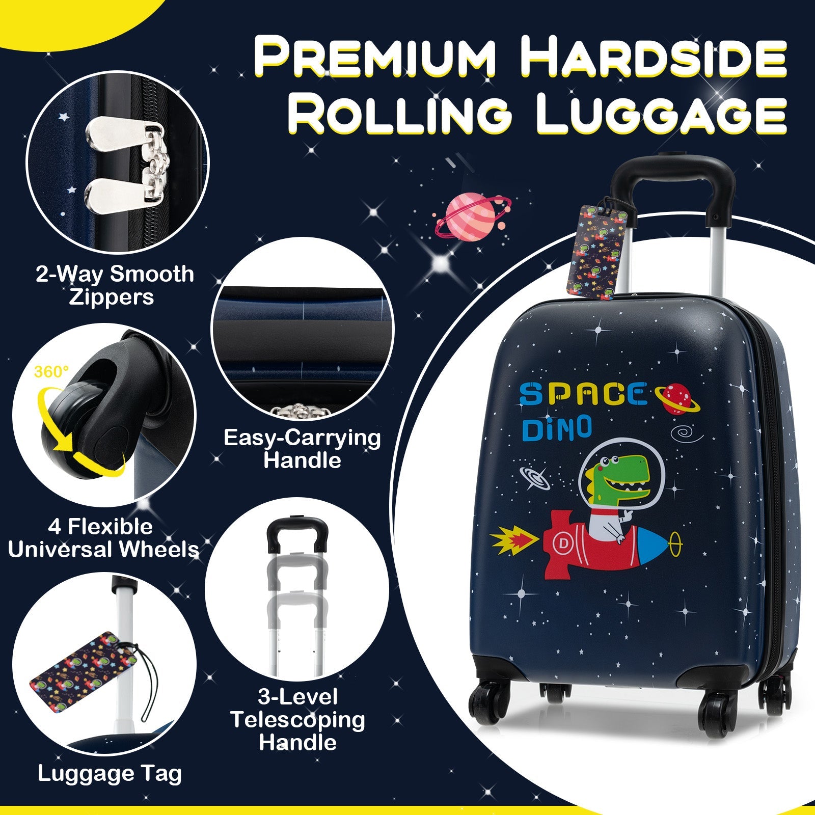 5 Piece Kids Luggage Set with Backpack Neck Pillow Name Tag Lunch Bag