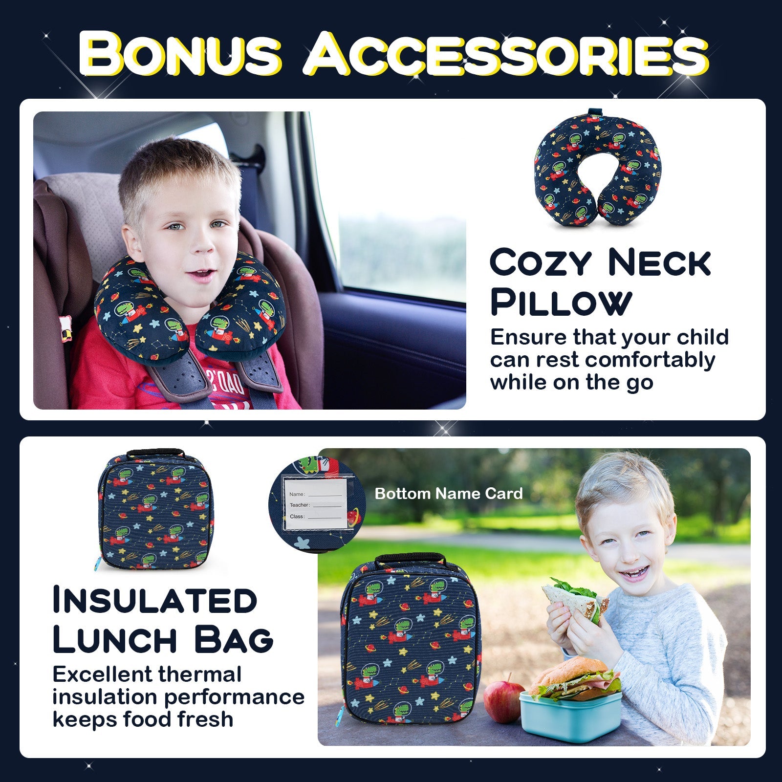 5 Piece Kids Luggage Set with Backpack Neck Pillow Name Tag Lunch Bag
