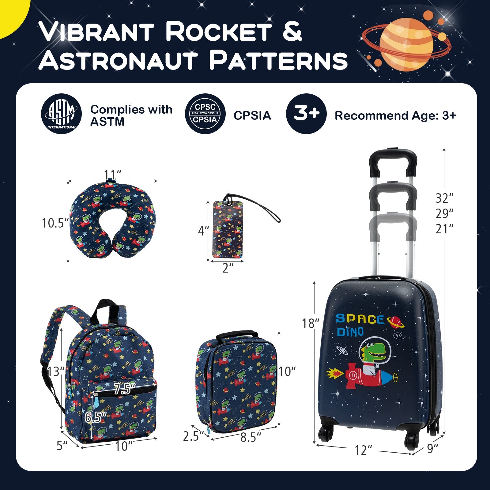 5 Piece Kids Luggage Set with Backpack Neck Pillow Name Tag Lunch Bag