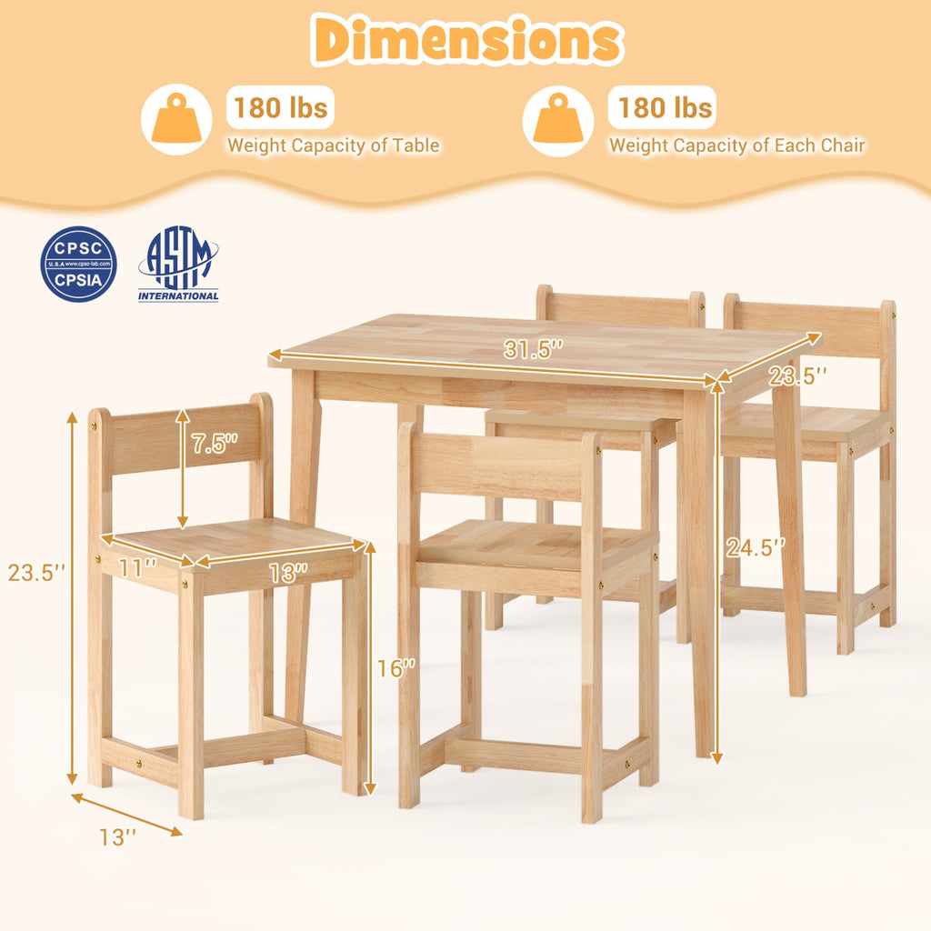 5-Piece Kids Table and Chairs Set Solid Rubber Wood Toddler Activity Table