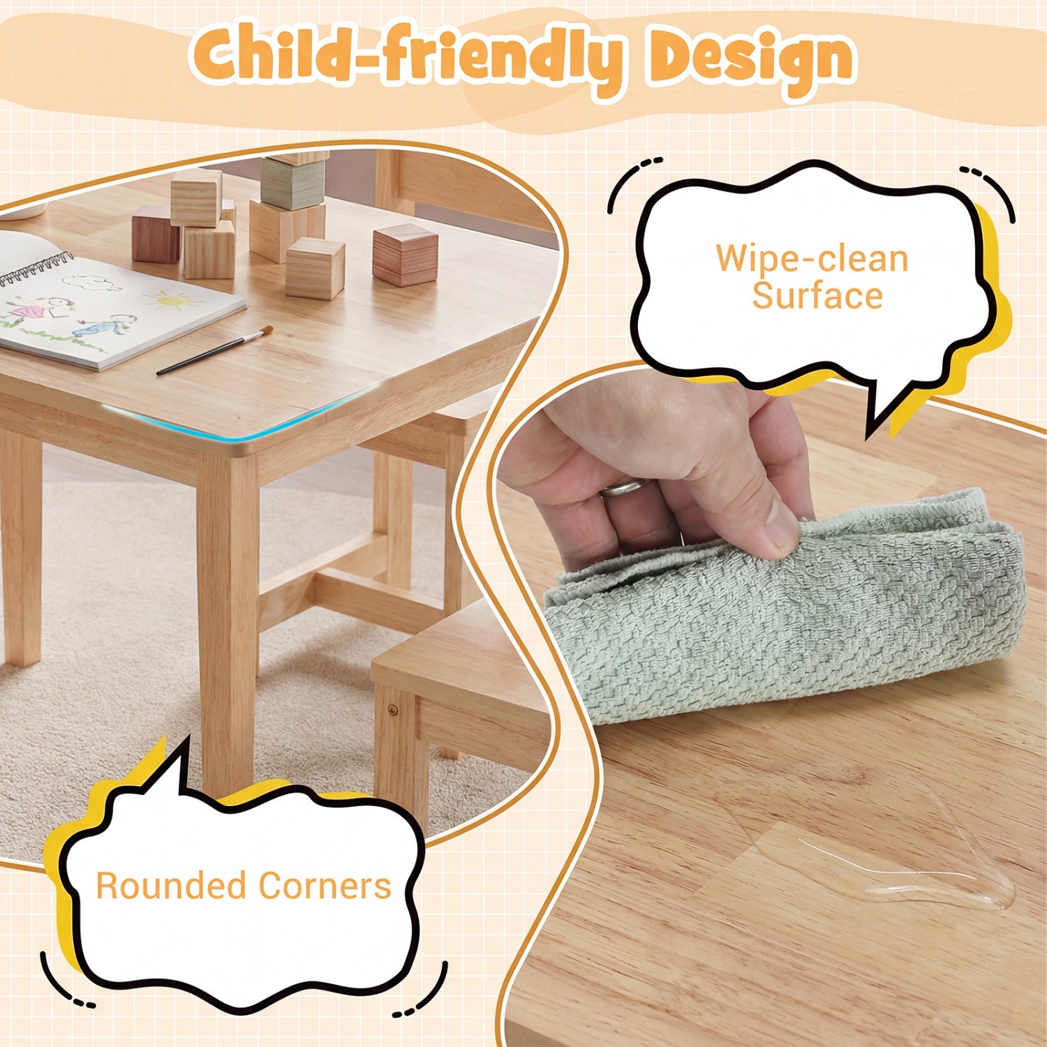 5-Piece Kids Table and Chairs Set Solid Rubber Wood Toddler Activity Table