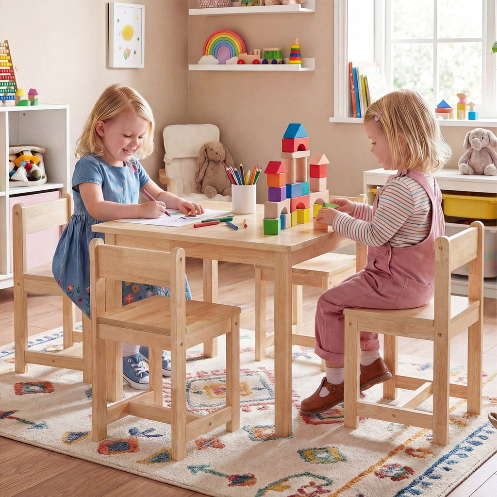 5-Piece Kids Table and Chairs Set Solid Rubber Wood Toddler Activity Table