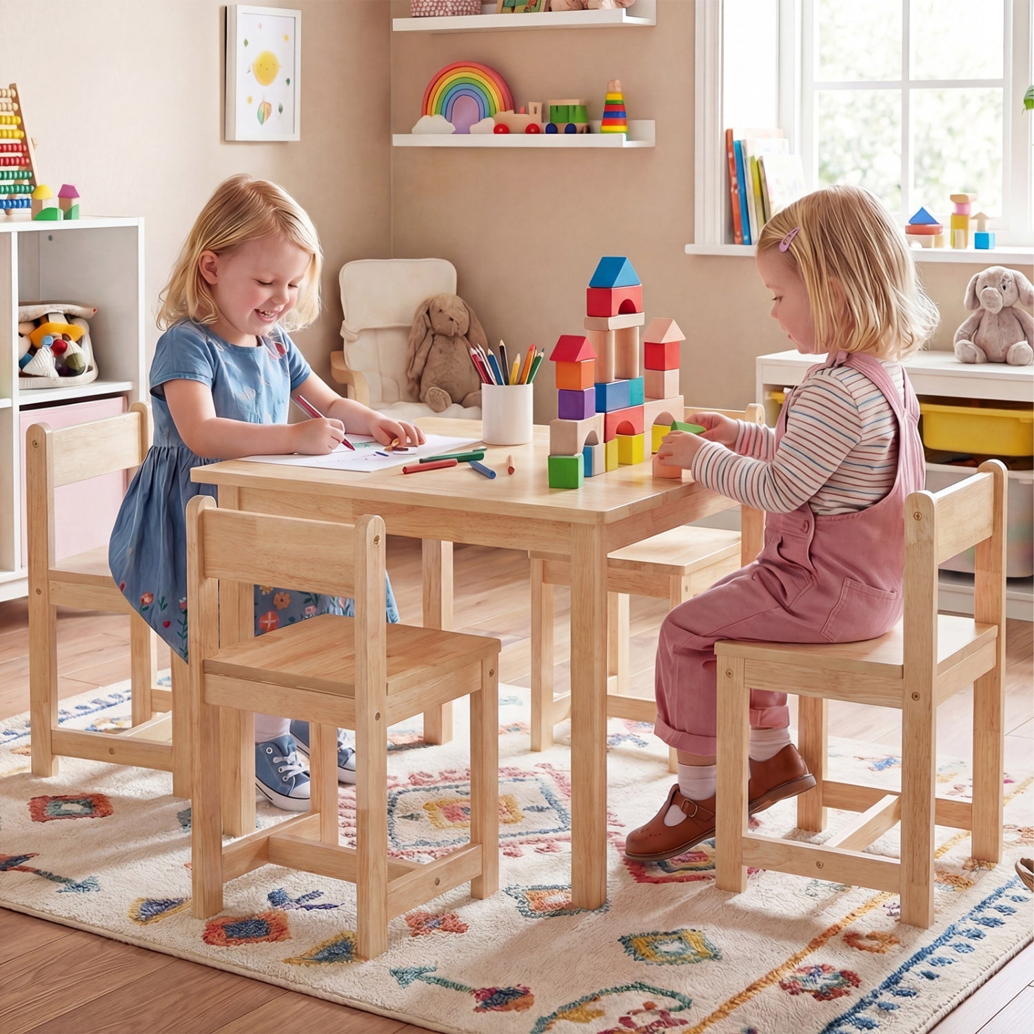 5-Piece Kids Table and Chairs Set Solid Rubber Wood Toddler Activity Table