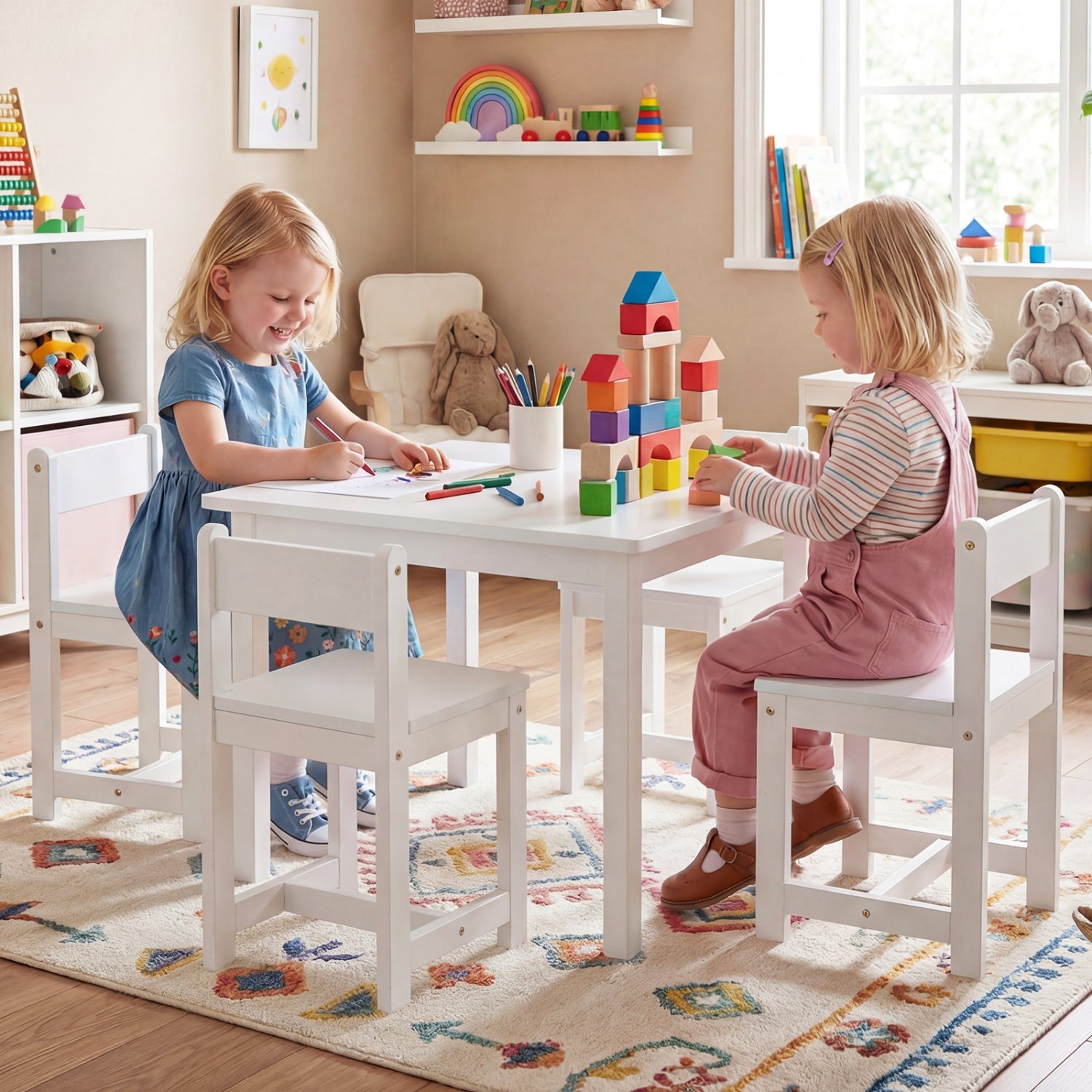 5-Piece Kids Table and Chairs Set Solid Rubber Wood Toddler Activity Table