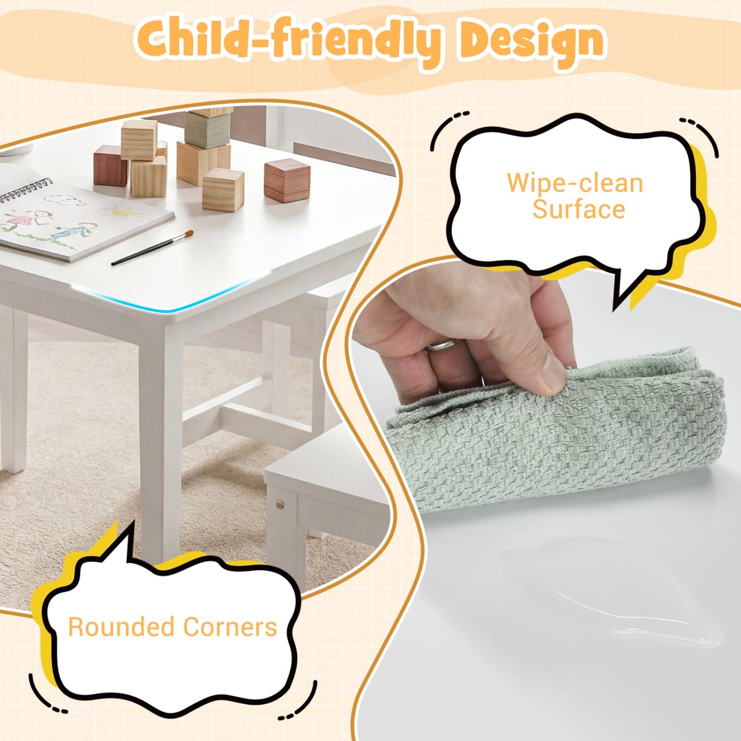 5-Piece Kids Table and Chairs Set Solid Rubber Wood Toddler Activity Table