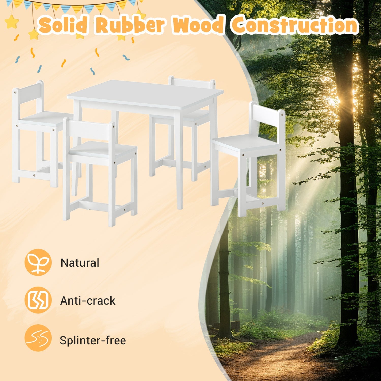 5-Piece Kids Table and Chairs Set Solid Rubber Wood Toddler Activity Table