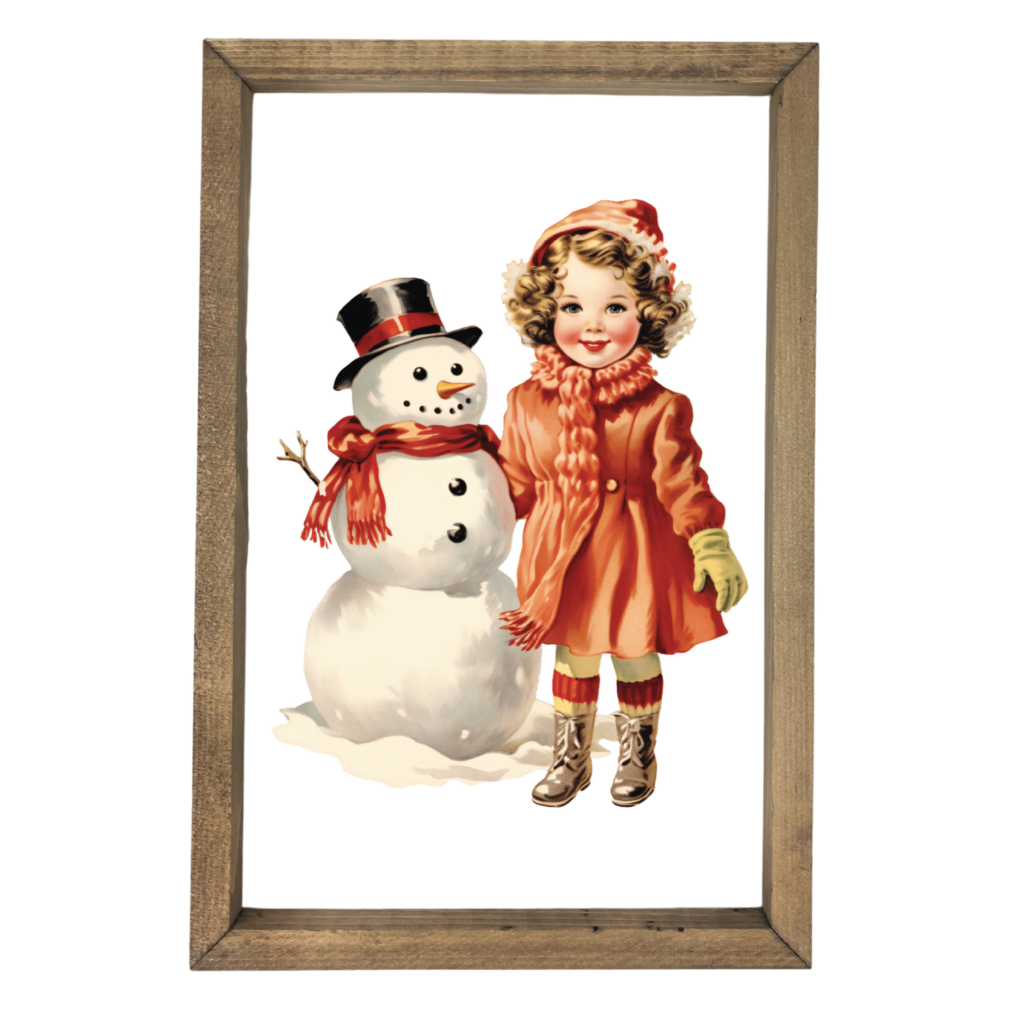Vintage Girl With Snowman Framed Art