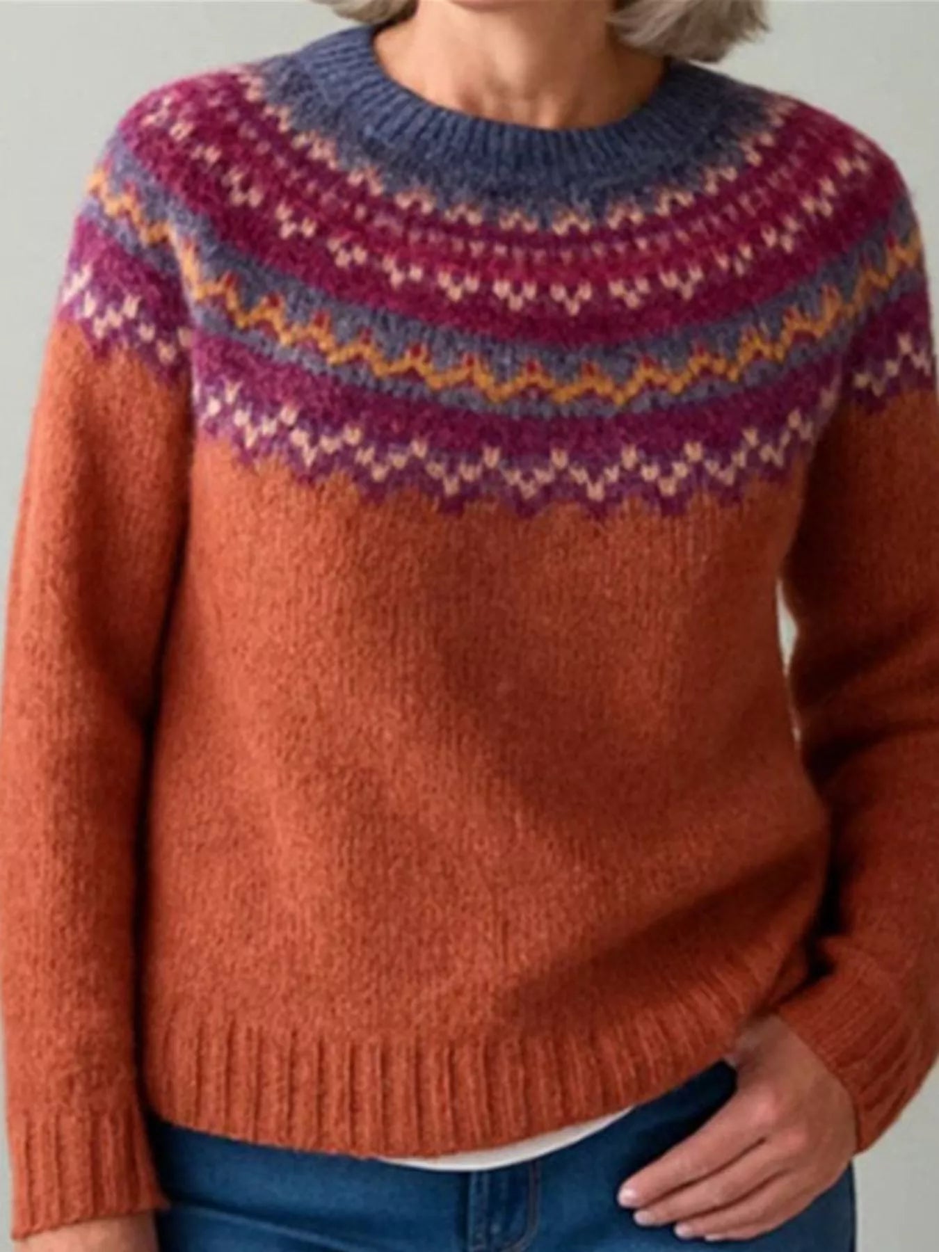 Full Size Vintage Patterned Round Neck Sweater Plus Size