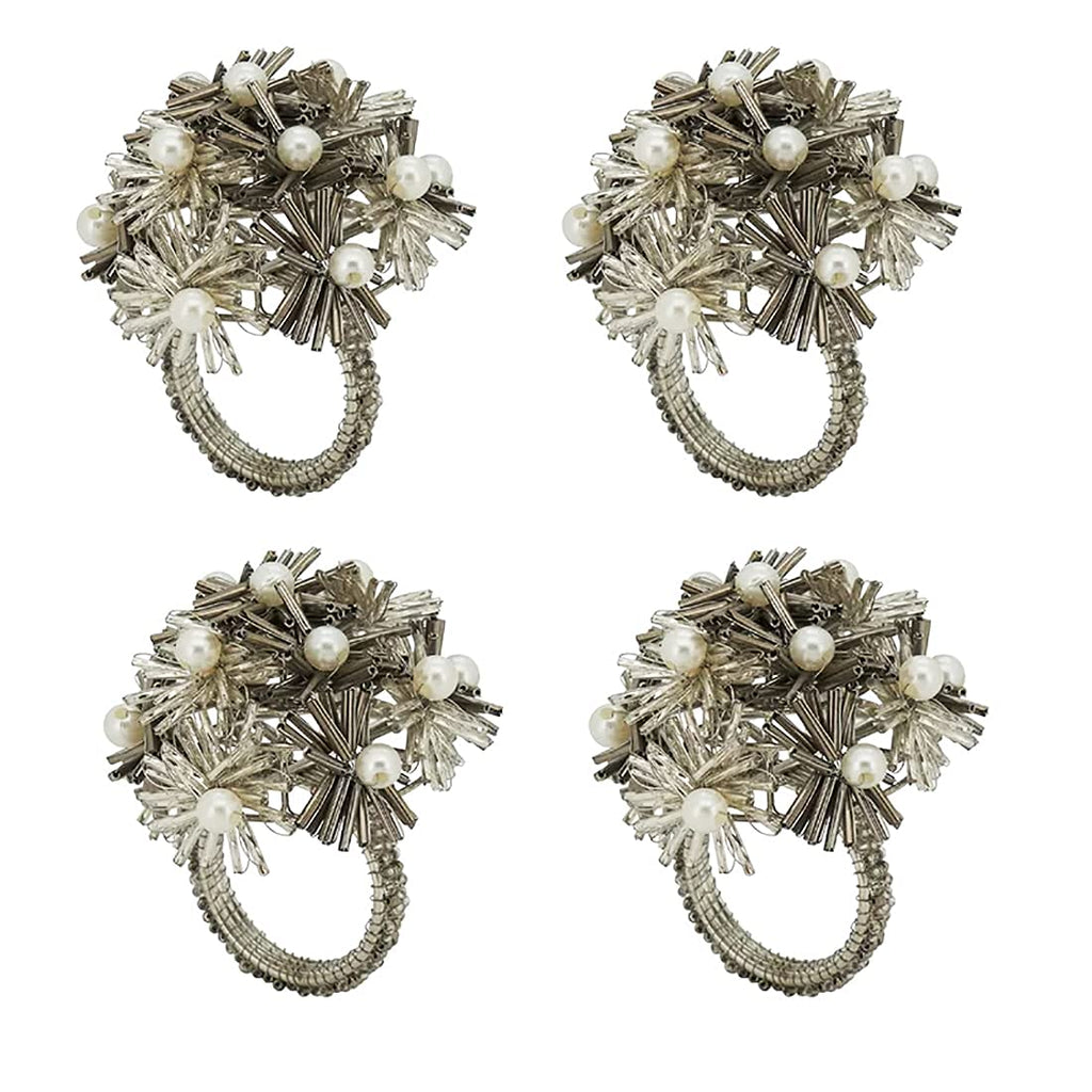 Fennco Styles Hand Beaded Flower Metal Napkin Rings, Set of 4 - Green Decorative Napkin Holders for Christmas, Home, Dining Room, Banquet, Family Gathering, Holiday and Special Occasion