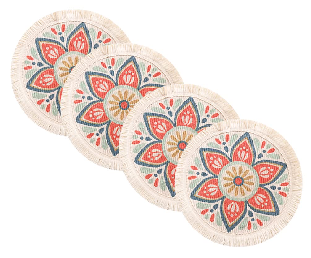 Fennco Styles Mandala Boho Woven Fringe Cotton Placemats 13" Round, Set of 4 - Multicolored Printed Heat Resistant Insulation Table Mats for Home, Kitchen Décor, Dining Table, Banquets, Holidays