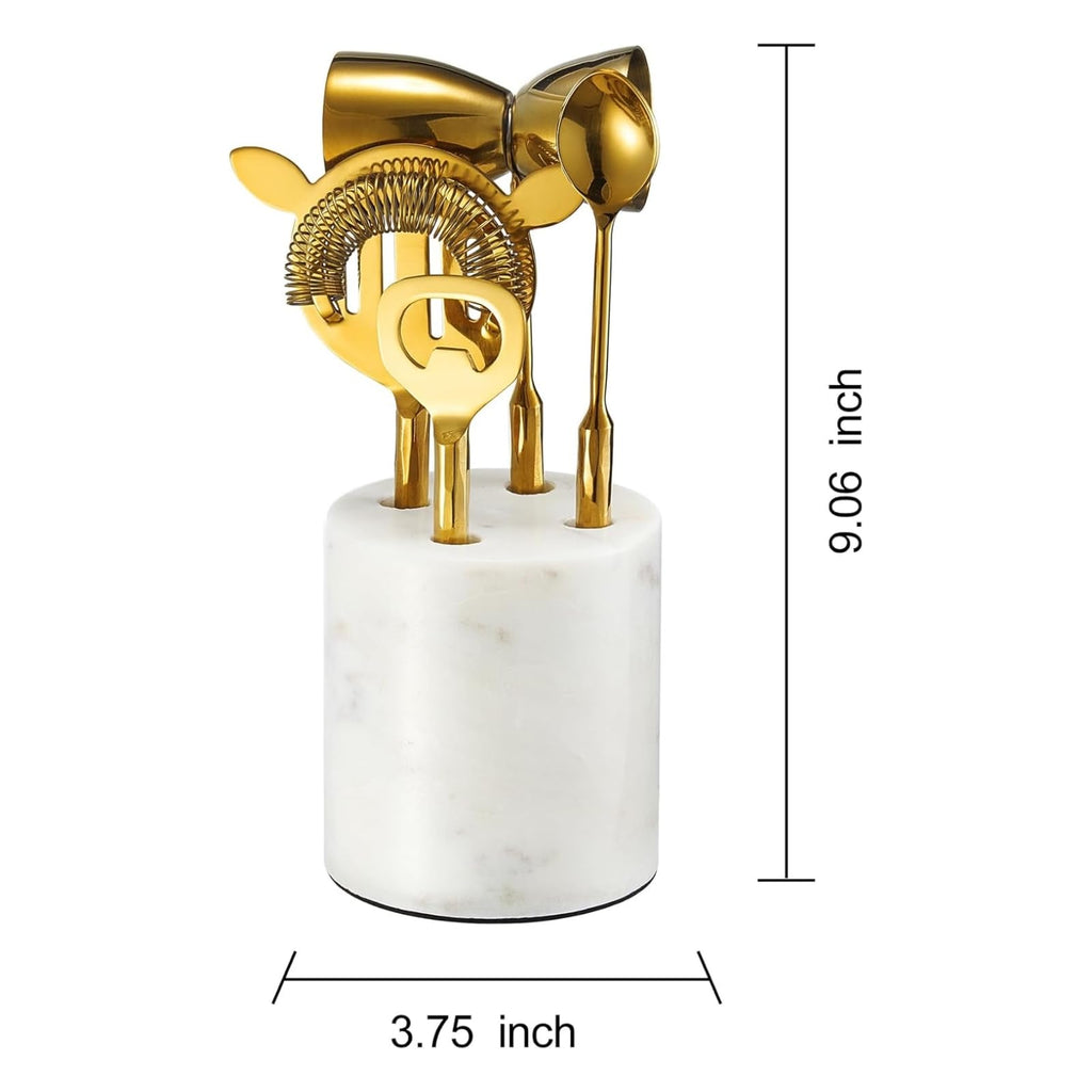 Gold Marble Cocktail Bar Tool Set, 5 Piece 9.06 x 3.75 Inch White Stone Holder Stainless Steel