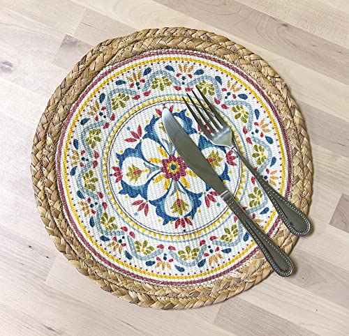 Fennco Styles Eclectic Mandala Water Hyacinth Edge Placemats 13" Round, Set of 4 - Multicolored Block Print Heat Resistant Insulation Table Mats for Home, Boho Décor, Dining Table, Banquets, Holidays