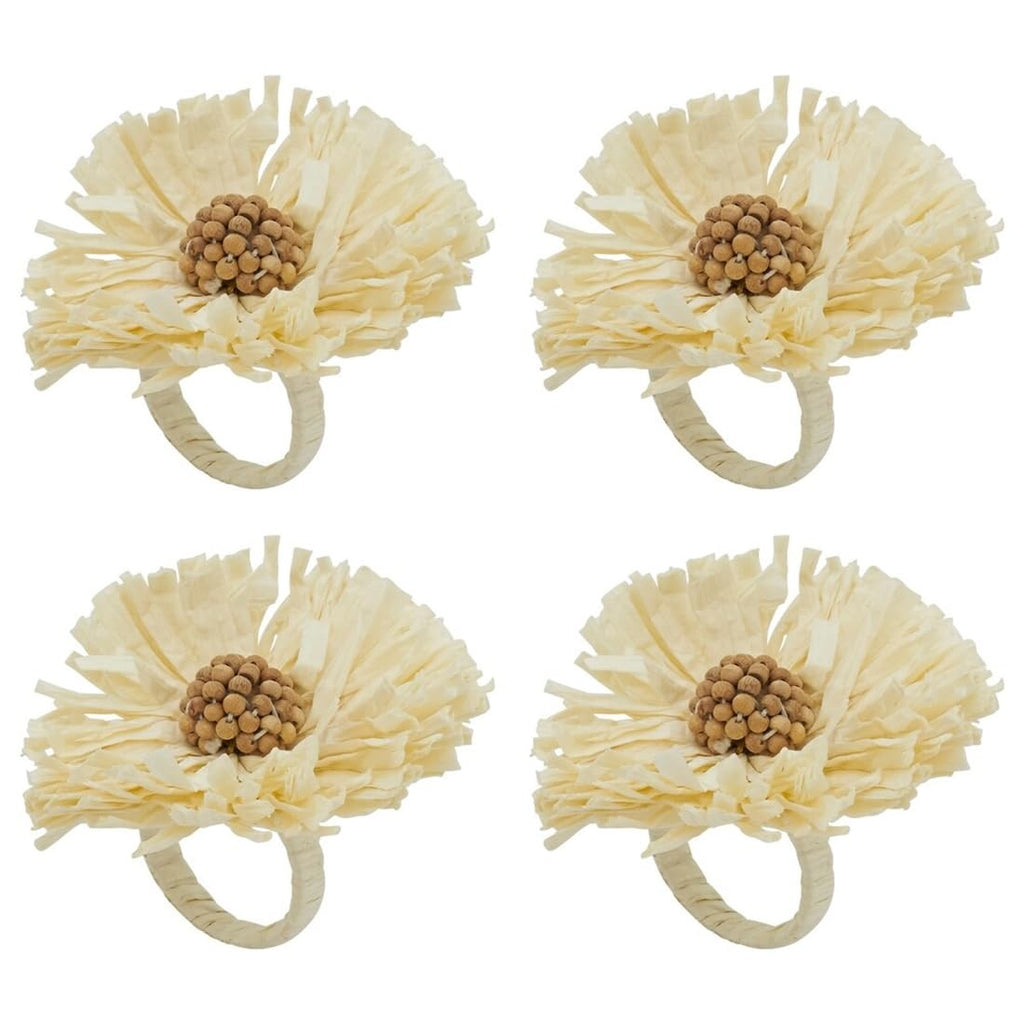 Fennco Styles Handmade Raffia Flower Decorative Napkin Rings, Set of 4 - White Rustic Floral Napkin Holders for Dining Table, Banquet, Spring and Summer Décor and Special Events