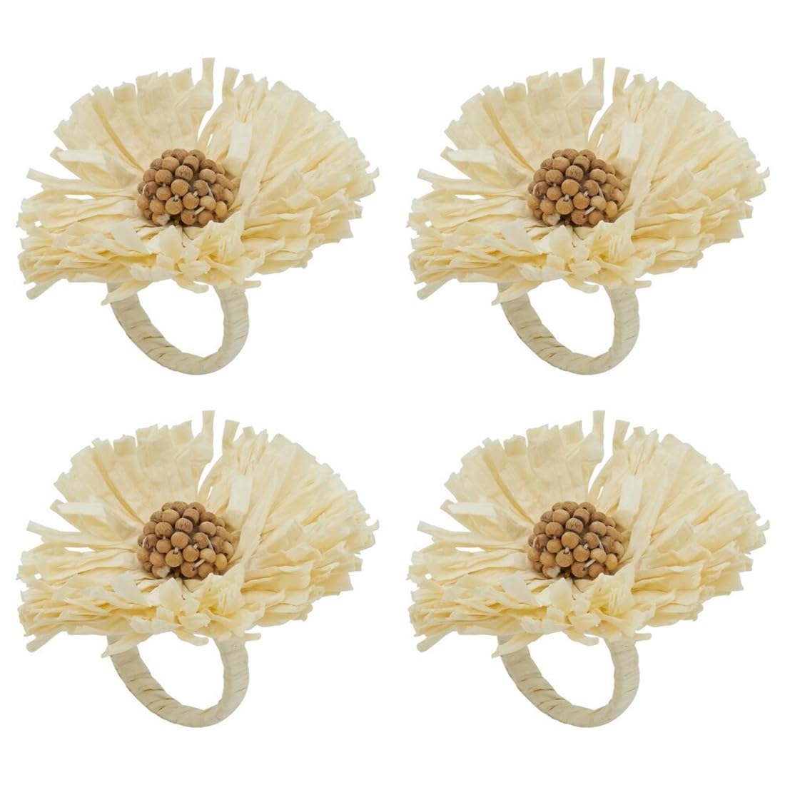 Fennco Styles Handmade Raffia Flower Decorative Napkin Rings, Set of 4 - White Rustic Floral Napkin Holders for Dining Table, Banquet, Spring and Summer Décor and Special Events