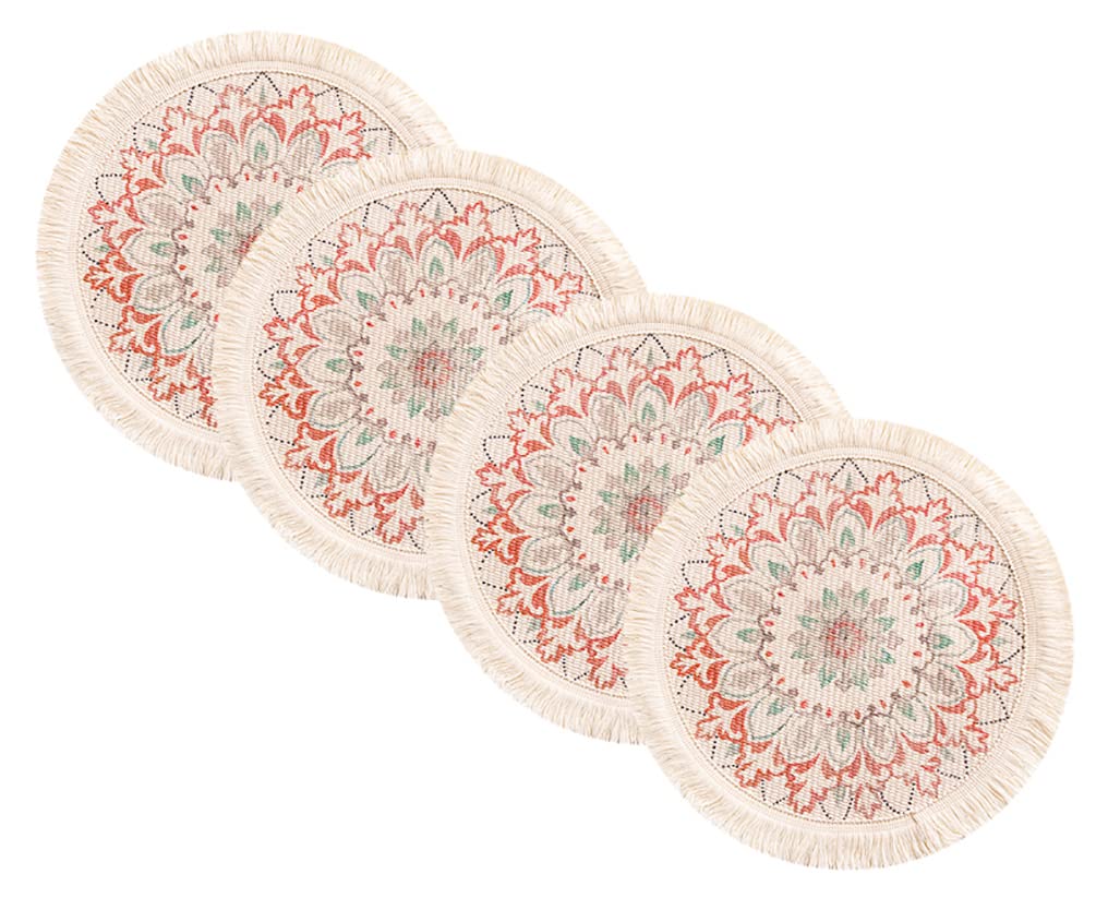 Fennco Styles Mandala Boho Woven Fringe Cotton Placemats 13" Round, Set of 4 - Multicolored Printed Heat Resistant Insulation Table Mats for Home, Kitchen Décor, Dining Table, Banquets, Holidays