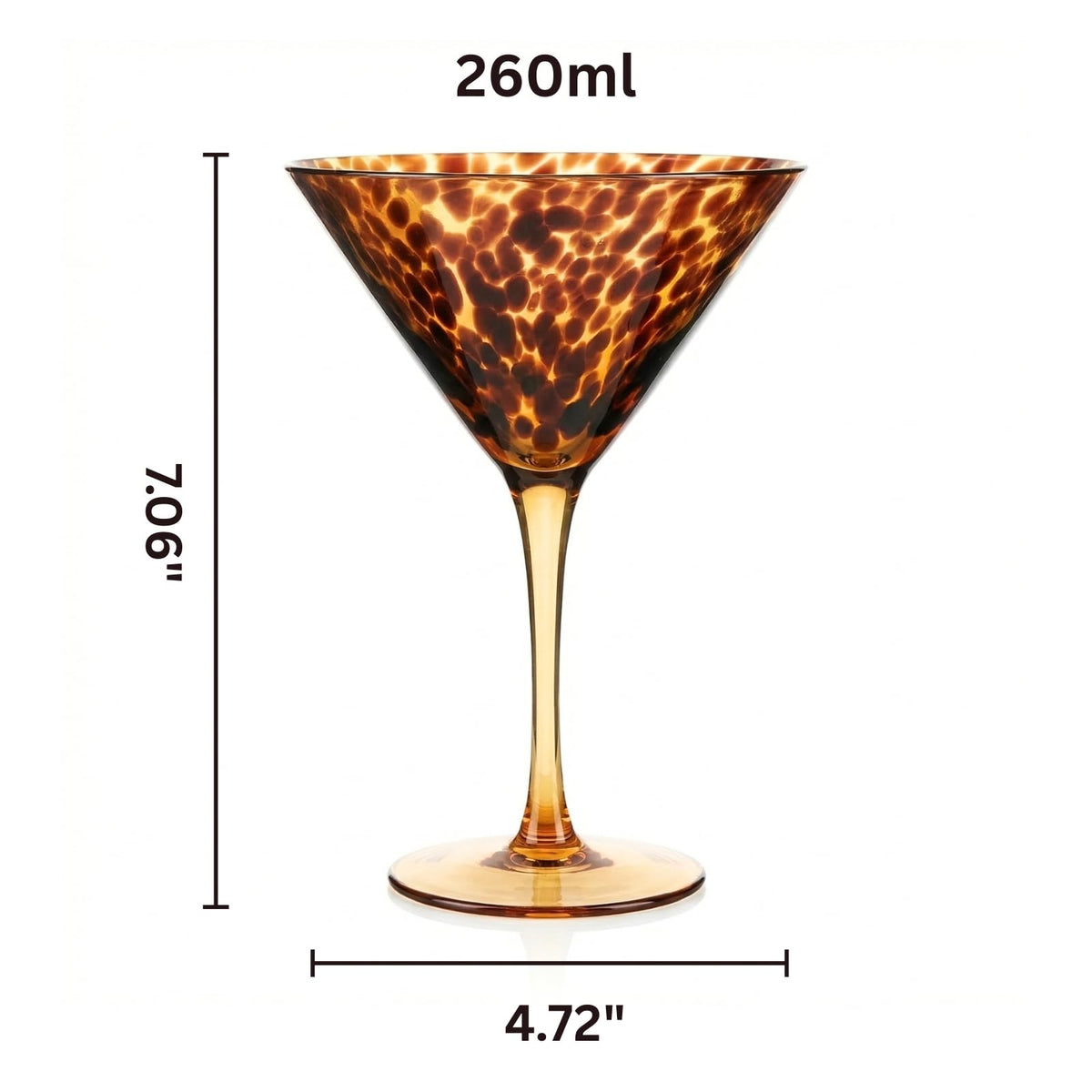 Tortoise Leopard Print Martini 9oz - Set of 4, 7.1" Spotted Borosilicate Cocktail Stem