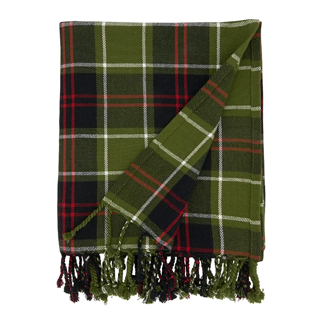 Fennco Styles Rustic Plaid Tassel Cotton Throw Blanket 50" W x 60" L - Green Blanket for Couch, Living Room, Bedroom, Christmas Décor and Everyday Use