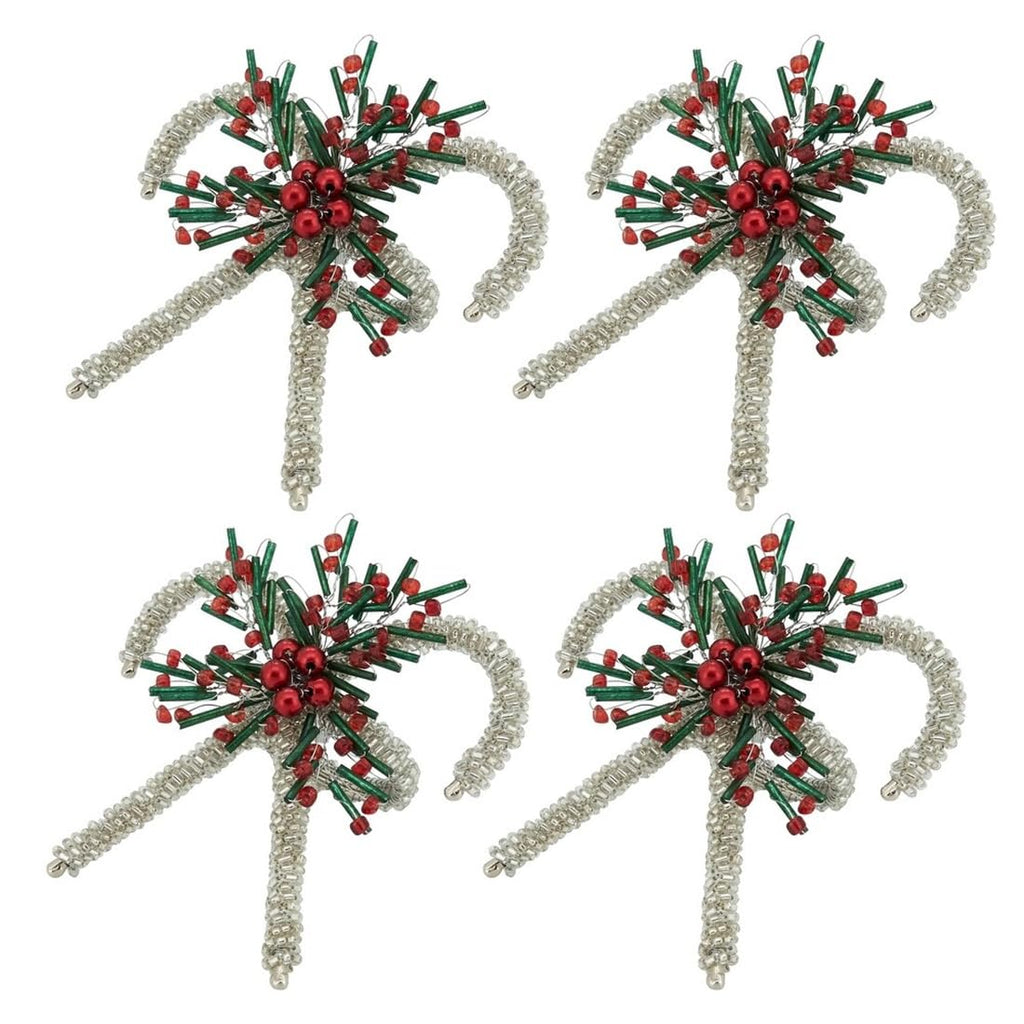 Fennco Styles Hand Beaded Holiday Candy Cane Napkin Rings, Set of 4 - Gold Glass Bead Napkin Holders for Dining Room, Banquet, Family Gathering, Christmas Décor and Special Occasion