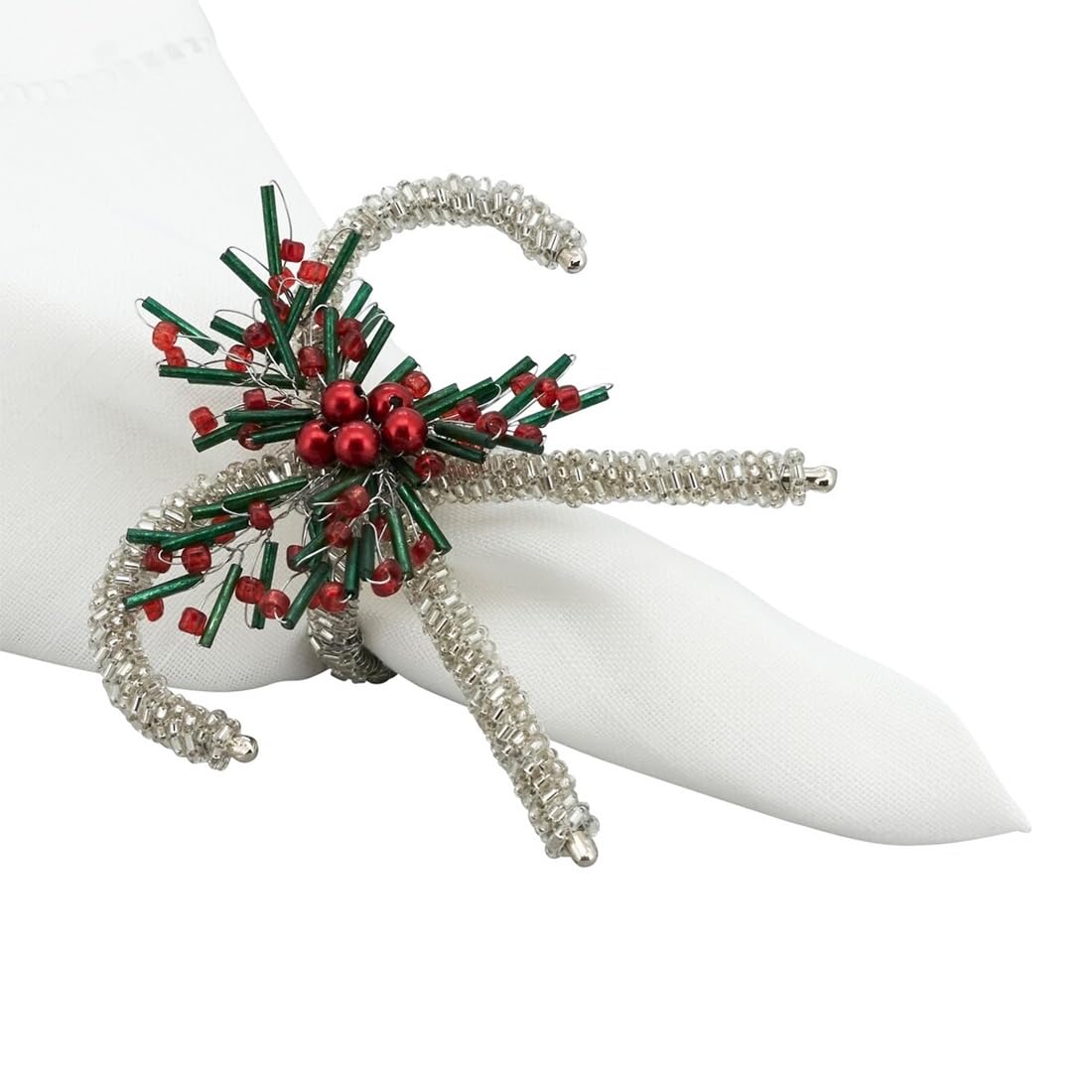 Fennco Styles Hand Beaded Holiday Candy Cane Napkin Rings, Set of 4 - Gold Glass Bead Napkin Holders for Dining Room, Banquet, Family Gathering, Christmas Décor and Special Occasion