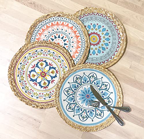Fennco Styles Eclectic Mandala Water Hyacinth Edge Placemats 13" Round, Set of 4 - Multicolored Block Print Heat Resistant Insulation Table Mats for Home, Boho Décor, Dining Table, Banquets, Holidays