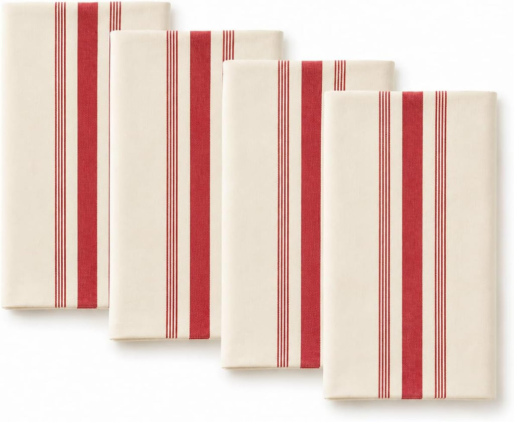 Fennco Styles Beige Cotton Cloth Napkins with Red Striped Design 20" X 20", Set of 4 - Farmhouse Reusable Dinner Napkins for Everyday Dining, Kitchen, Holiday & Rustic Table Décor