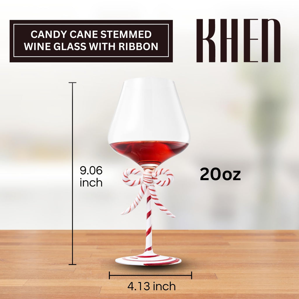 Khen Christmas Candy Cane Bow Wine Glasses - Set of 2