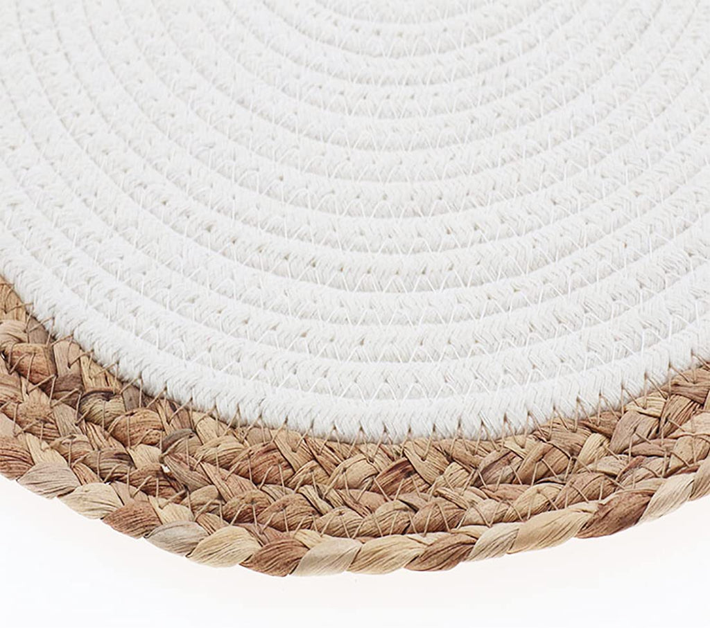 Fennco Styles Hand-Woven Rattan Cotton Rope Placemats Round, Set of 4 - Braided Table Mats Heat Resistant Insulation for Home, Boho Décor, Dining Table, Banquets, Special Events
