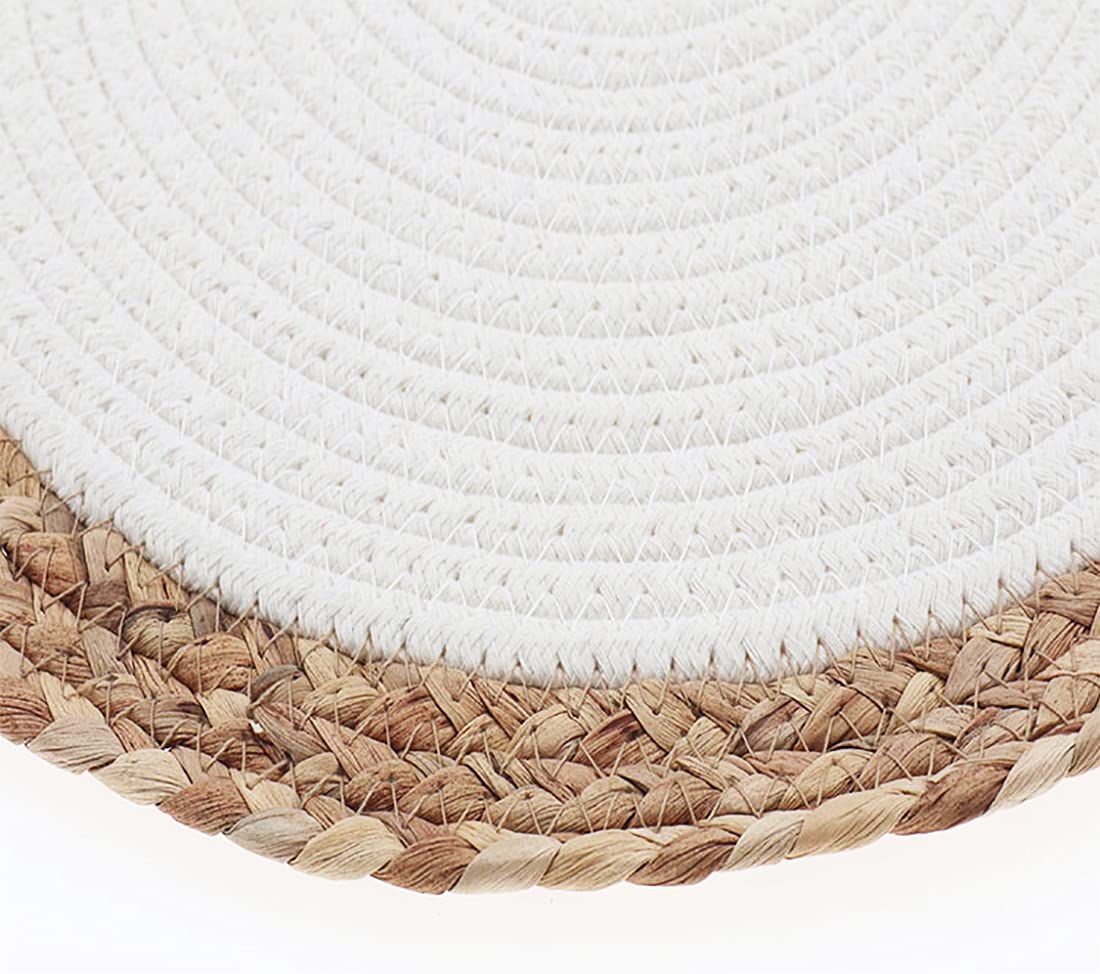 Fennco Styles Hand-Woven Rattan Cotton Rope Placemats Round, Set of 4 - Braided Table Mats Heat Resistant Insulation for Home, Boho Décor, Dining Table, Banquets, Special Events