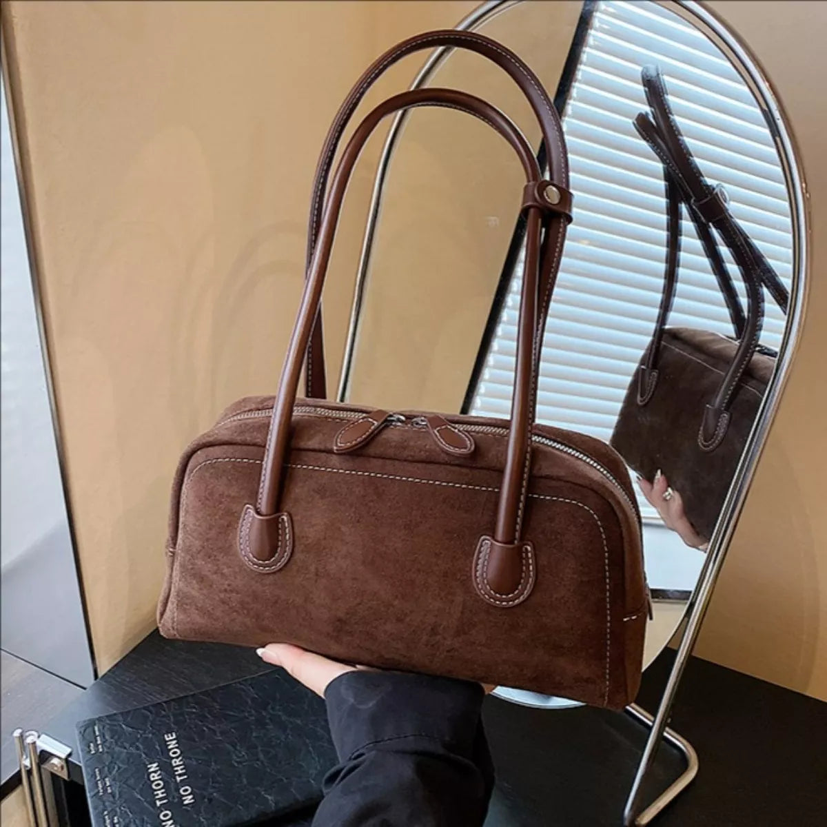 Velvet Shoulder Bag with Leather Strap