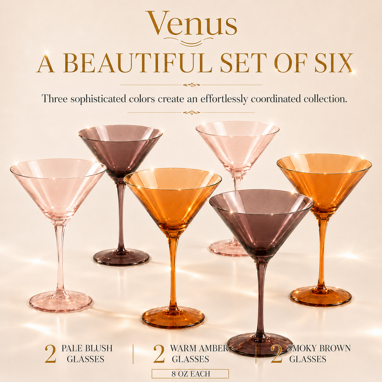 Venus Martini Cocktail Glassware, Set of 6