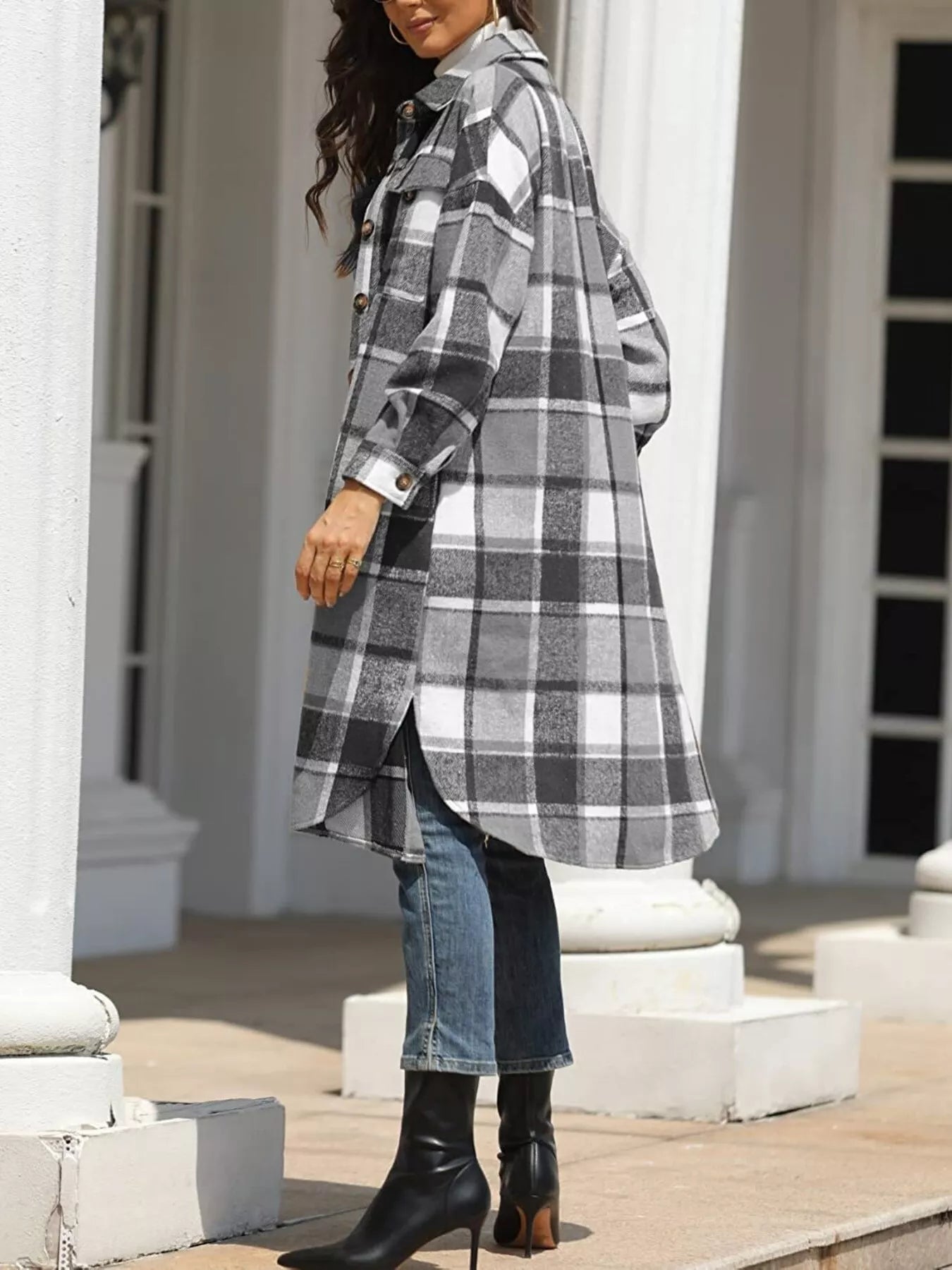 Longline Plaid Button-Up Coat