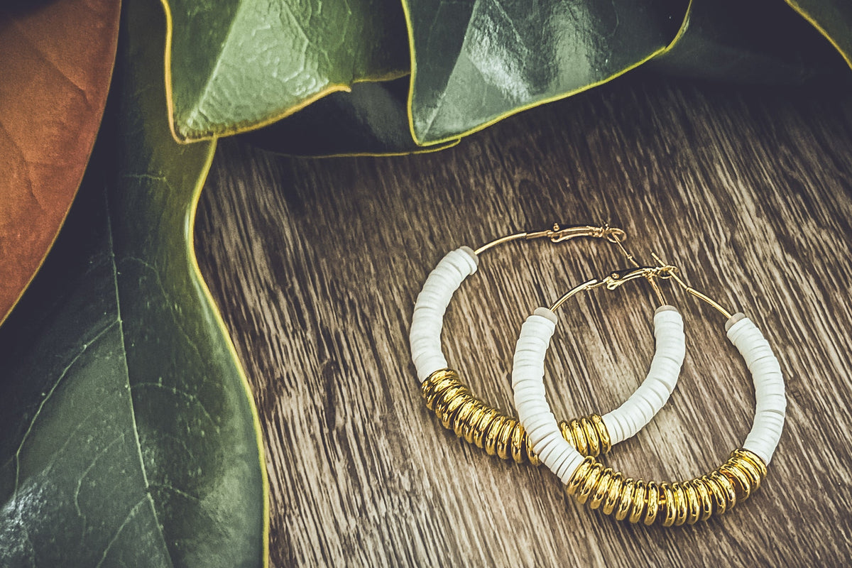 Beautiful White and Gold Clay Hoops