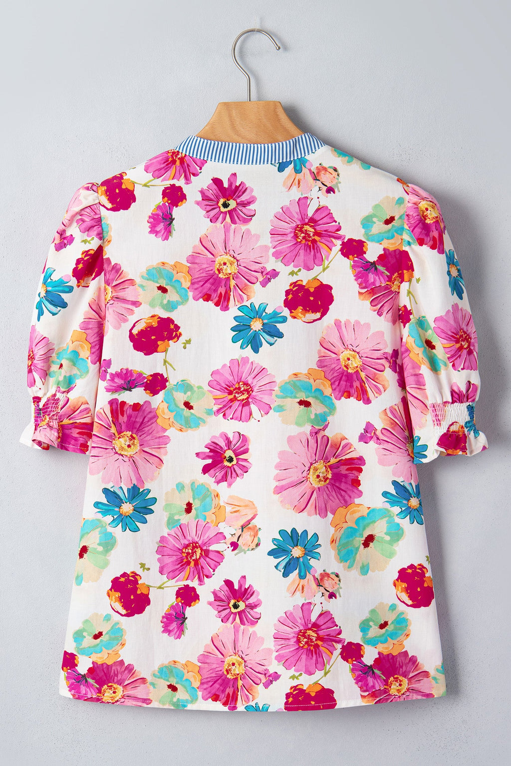 Floral Stripe Trim V-Neck Puff Sleeve Blouse