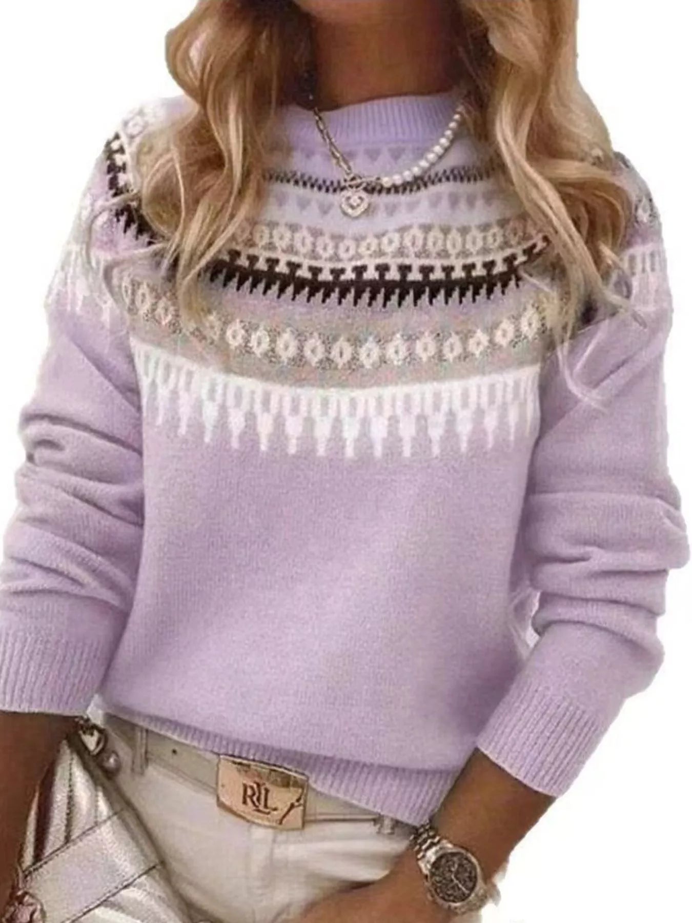 Full Size Vintage Patterned Round Neck Sweater Plus Size