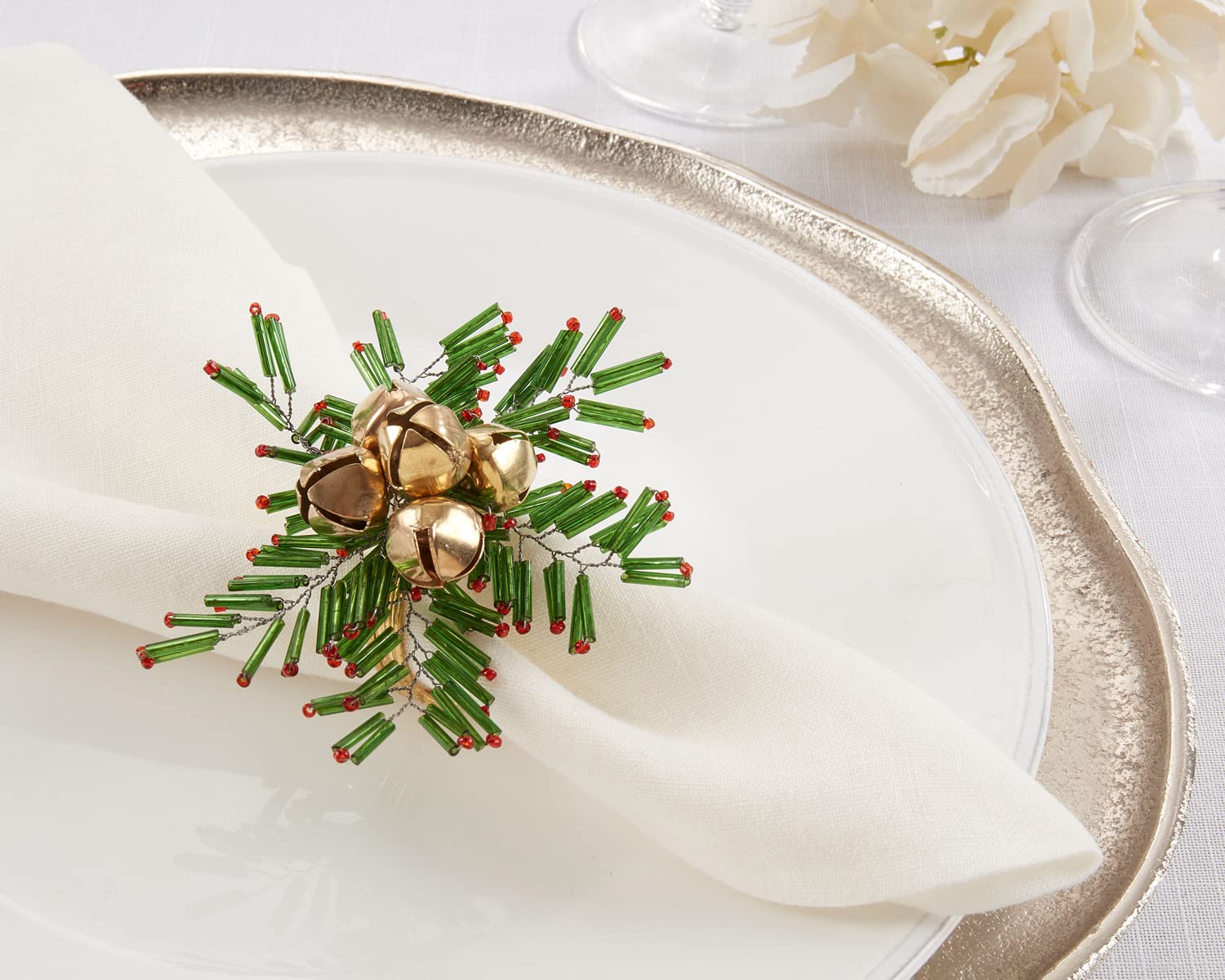 Fennco Styles Hand Beaded Snowflake & Bells Christmas Napkin Rings, Set of 4 - Red & Green Glass Beads Napkin Holders for Home, Dining Room, Banquet, Family Gathering, Holiday Décor and Special Occasion