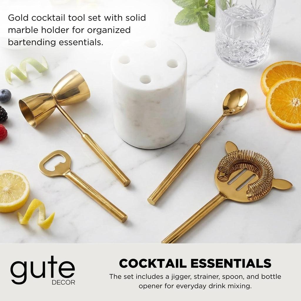 Gold Marble Cocktail Bar Tool Set, 5 Piece 9.06 x 3.75 Inch White Stone Holder Stainless Steel