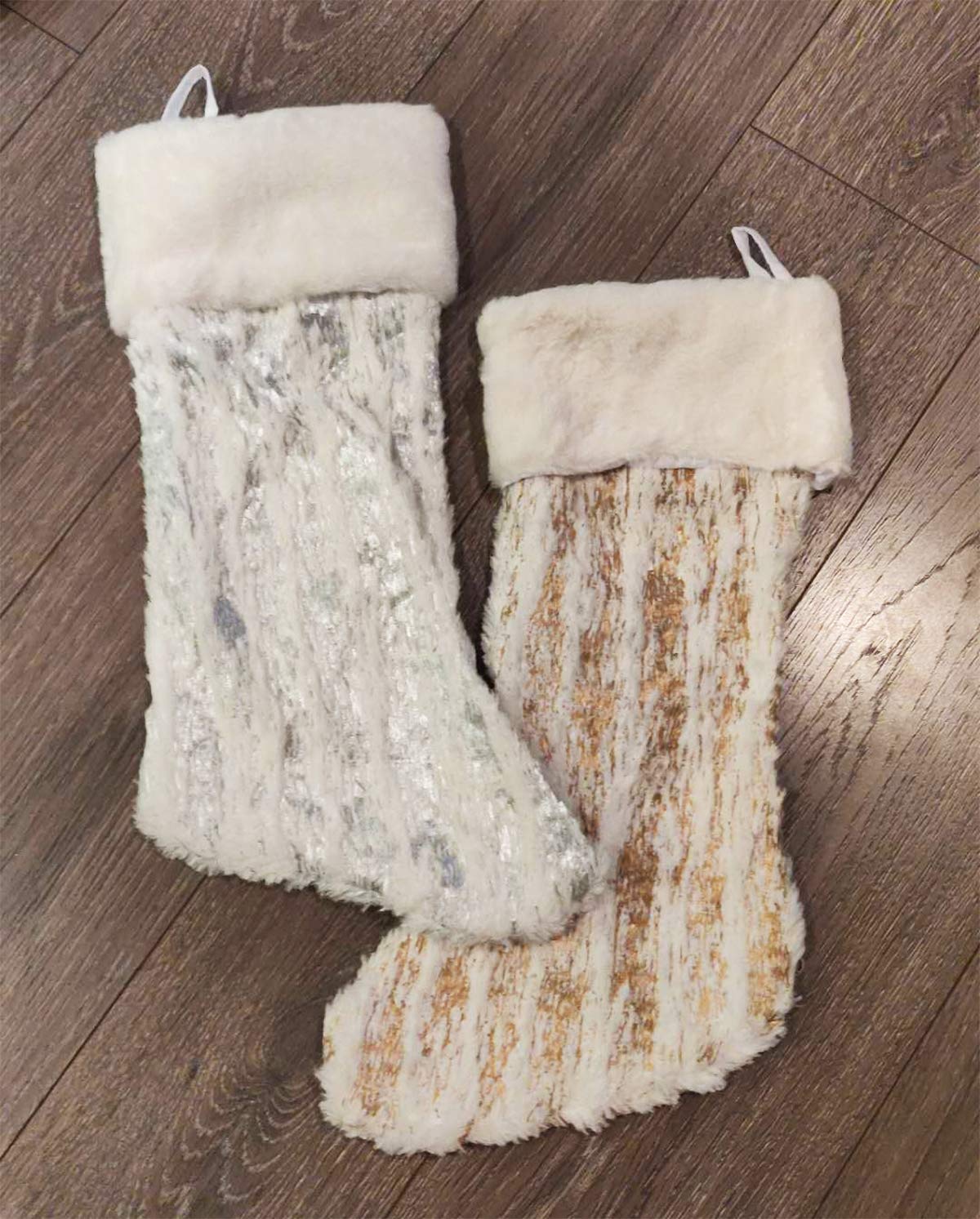 Fennco Styles Holiday Brushed Foil Print Faux Fur Christmas Stocking 8 x 19 Inch - Gold Metallic Design Hanging Stocking for Home, Holiday Tree Decor, Indoor and Special Occasion