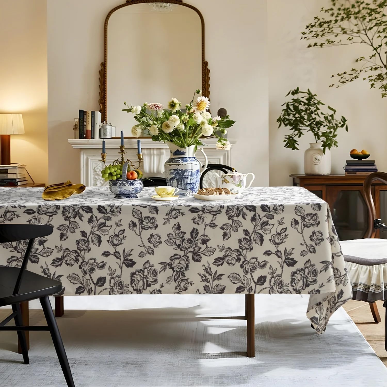 Fennco Styles Vintage Black Rose Print Tablecloth – 56" W X 88" L Floral Print Elegant Table Cover for Kitchen, Dining Room, Wedding, or Holiday Décor